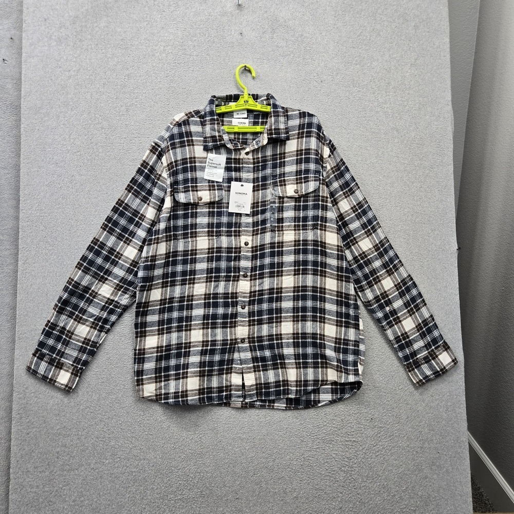 Sonoma Men Button Up Shirt XL Blue Plaid Flannel Supersoft NWT
